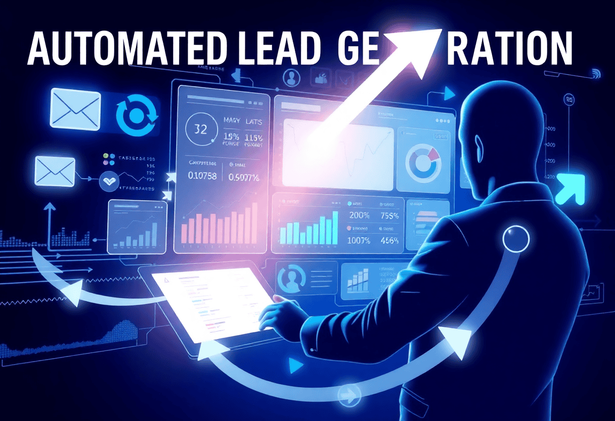 a visually compelling image that highlights automated lead generation software in action. Showcase a futuristic dashboard with lead data flowing in real-time, with various metrics like conversion rates, potential customers, and sales funnels. Include visuals of a business professional reviewing the incoming leads on a tablet or laptop, surrounded by dynamic AI-driven processes like email automation and CRM integration. The image convey the idea of effortlessly generating qualified leads, with arrows and symbols representing the fast-paced, automated flow of new opportunities