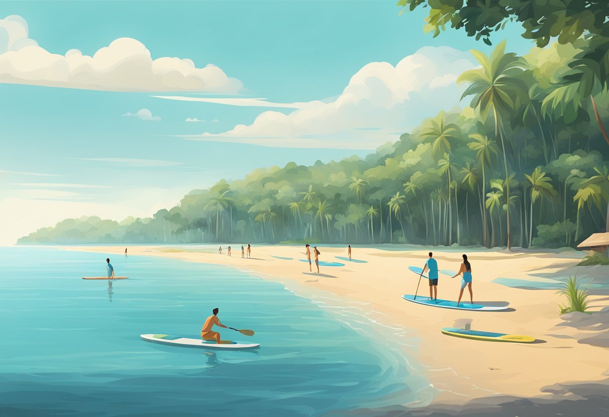 A serene beach with paddle boards lined up on the shore, surrounded by lush greenery and a clear blue sky. A group of people are seen enjoying the boards on the water