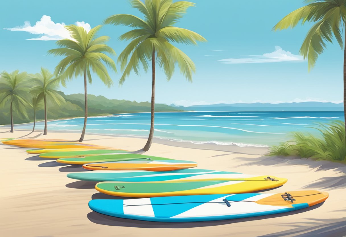 A tranquil beach setting with a colorful array of paddle boards lined up along the shore, with a clear blue sky and gentle waves in the background