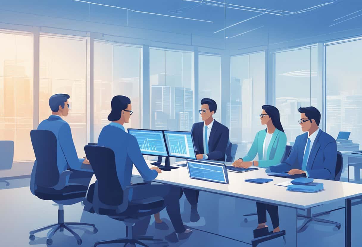 Group of financial advisors in a board meeting with laptops and monitors in the office