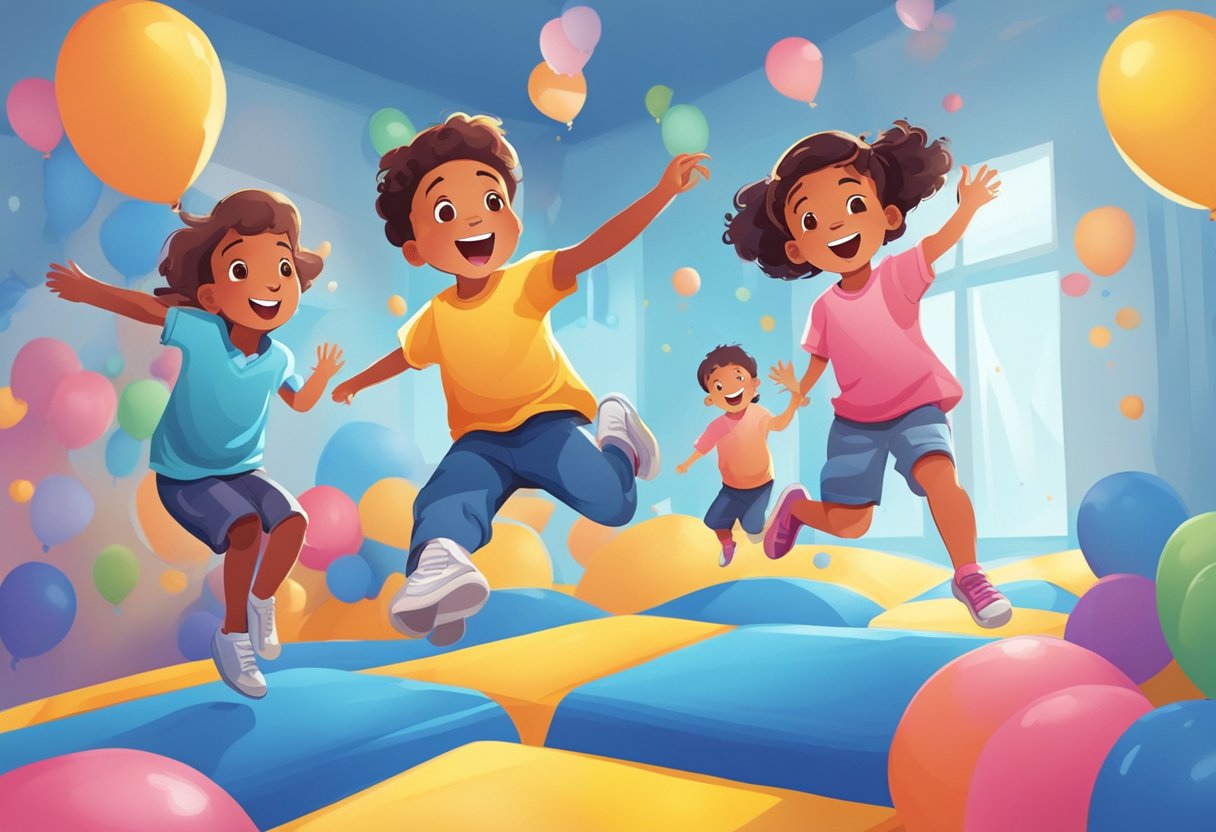 children playing in a bounce house illustration